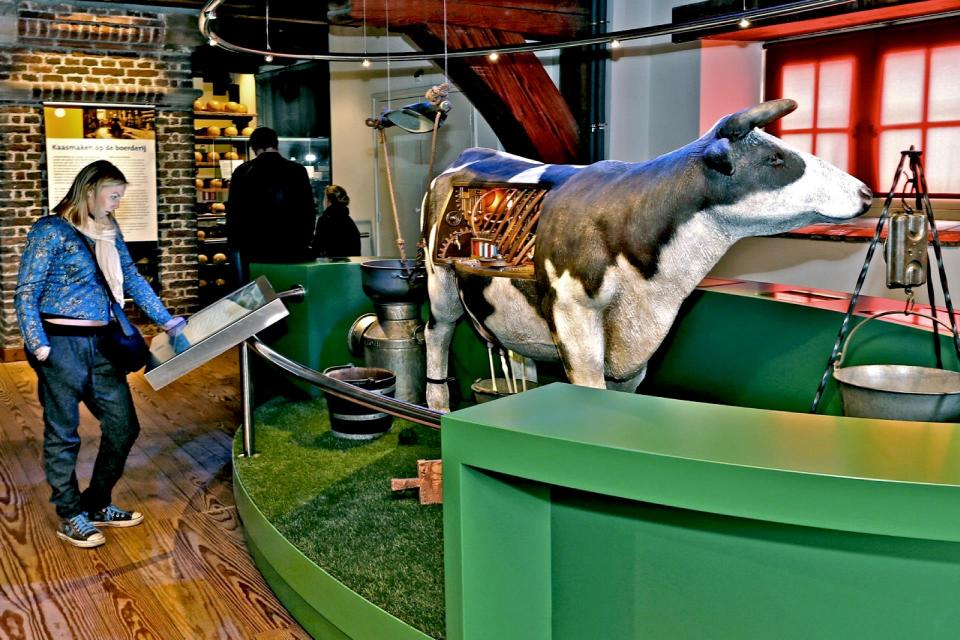 Binnenkant Hollands kaasmuseum met een standbeeld van een koe